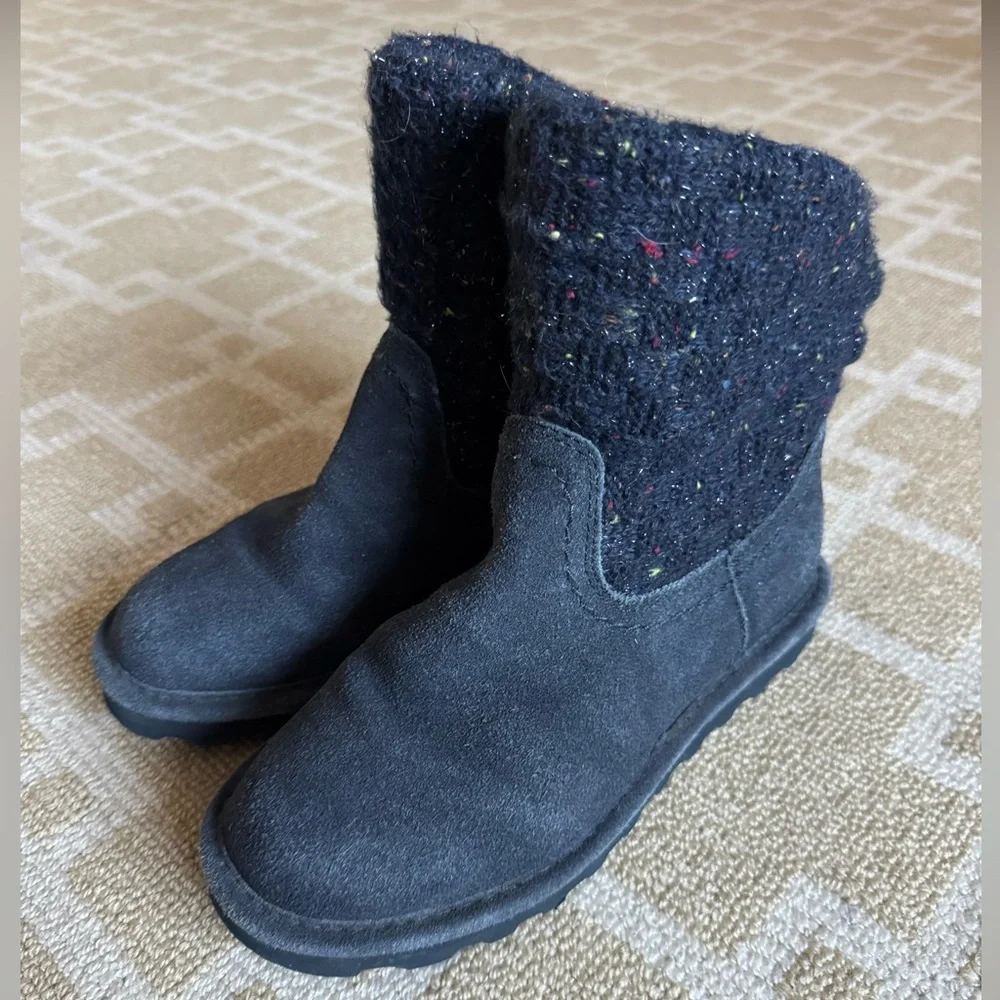 Bearpaw Suede Knit Winter Boots Slip-On Warm Cozy Lounge Pull-On Navy Size 6
